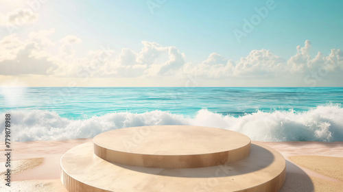 Beach podium summer background sand product 3D sea display platform. Beach podium summer banner stand scene sale sky holiday vacation stage water island sun travel pedestal promotion presentation