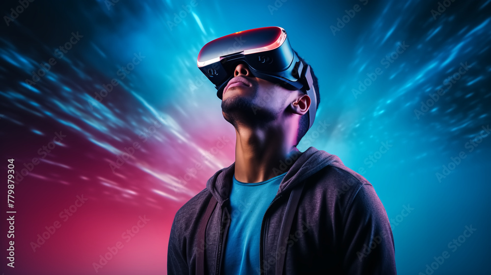 Man experiencing virtual reality headset with dynamic neon light effects. Immersive VR technology and entertainment concept with copy space. Design for futuristic gaming, simulation Man experiencing virtual reality headset with dynamic neon light effects. Immersive VR technology and entertainment concept with copy space. Design for futuristic gaming, simulation
