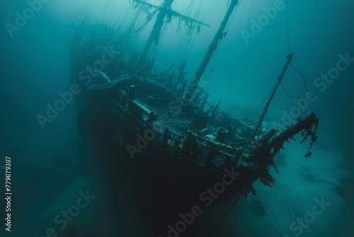 A shipwreck is seen in the ocean with a lot of debris and fish swimming around it. Scene is eerie and mysterious, as the ship is long gone and the ocean is filled with life © Yuliia