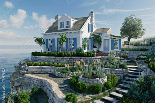 A 3D image of a Cape Cod craftsman house on a cliff overlooking the Mediterranean Sea, with white-washed walls, blue shutters, and terraced gardens.