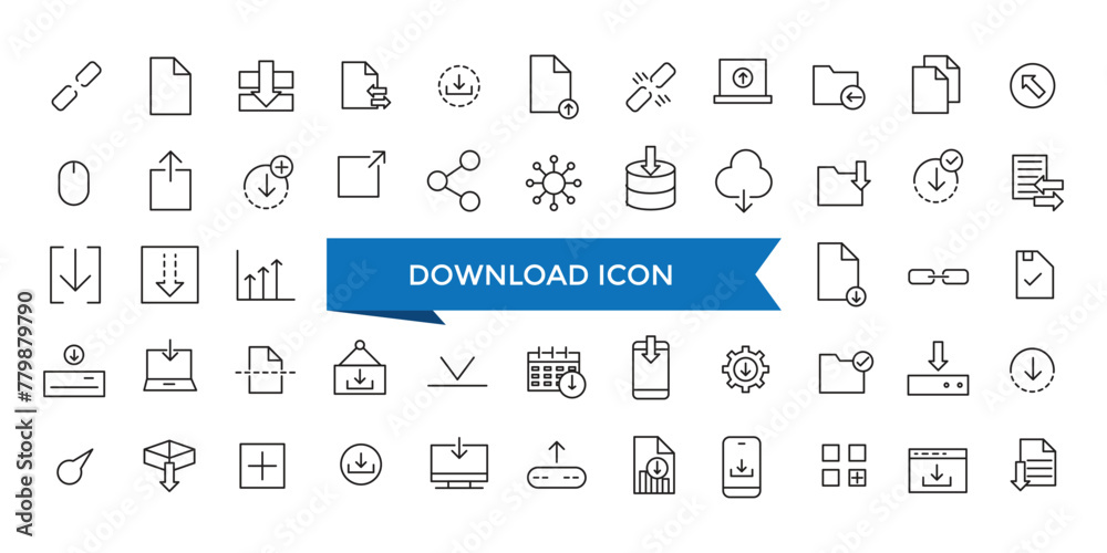 Download icon collection. Related to upload, document, link, download file, folder, data and PDF icons. Line icon set. Download icon collection. Related to upload, document, link, download file, folder, data and PDF icons. Line icon set.