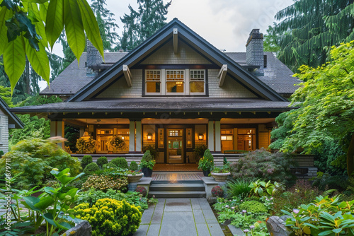 A Craftsman bungalow with an emphasis on vertical lines, featuring a steeply pitched roof, tall, narrow windows, and a front porch with slender columns, set in a lush garden.