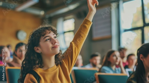 The student raises their hand to ask a question. The professor calls on them and they answer the question correctly. The student is confident and is not afraid to participate in class.