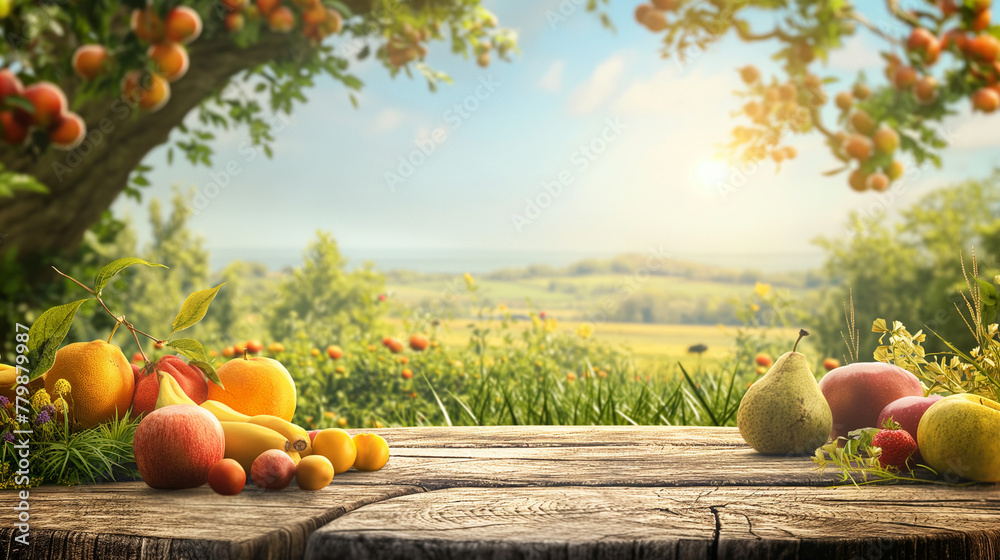 Farm wood nature field fruit table product grass garden background stand green food. Nature wood landscape morning farm outdoor sky podium forest stump beauty sun scene platform view beautiful trunk