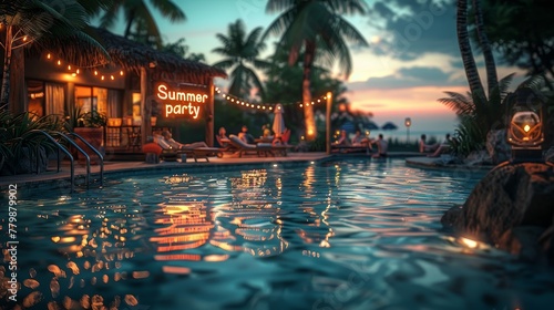 "Summer party" neon sign concept image with pool party with people in background