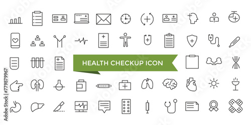 Health checkup icon collection. Hospital and medical care. Medical care service symbol set. photo