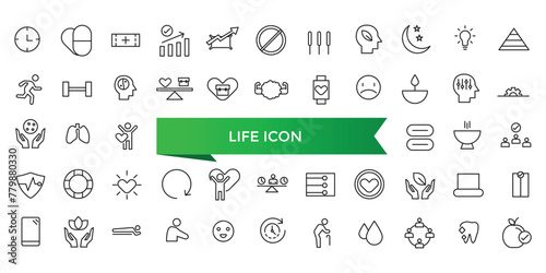 Life icon collection. Related to lifespan, soul, vitality, life insurance, wellness, existence, pulse, harmony and more. Line vector icons set.