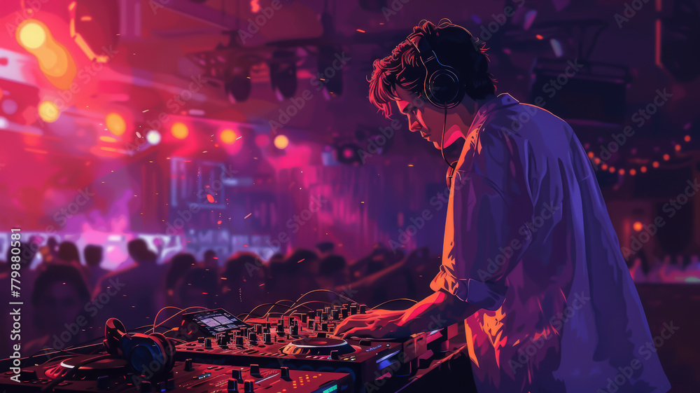 young male DJ at the mixing console, nightclub in the background, boy, man, musician, dancing, disco, party, neon, guy, fun, person, people, audio, vinyl, turntable young male DJ at the mixing console, nightclub in the background, boy, man, musician, dancing, disco, party, neon, guy, fun, person, people, audio, vinyl, turntable