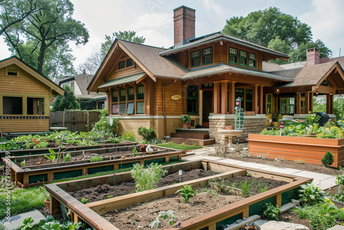 A Craftsman bungalow with an urban farm, including raised garden beds, chicken coop, and a green roof, embodying urban sustainability and self-sufficiency.