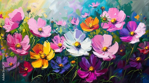 On canvas, Cosmos Flowers, oil painting