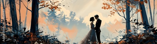 Intimate Elopement in Secluded Forest Under Mystical Autumn Sunset with Wild Nature as Eternal Backdrop photo