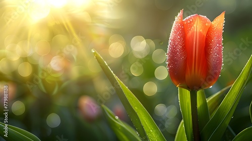 Vibrant Tulip with Morning Dew Awakening to the First Light of Day in the Garden
