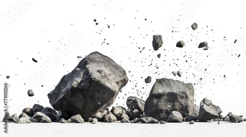 Rock stone white background fall black falling space isolated splash dust mountain cliff flying. Earth stone boulder texture rock abstract broken powder white dirt blast float burst fantasy surface