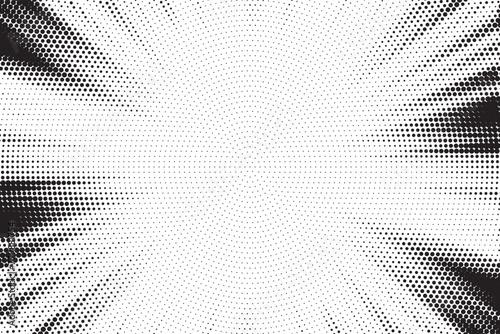 Halftone gradient sun rays pattern. abstract halftone vector dots background. monochrome dots pattern. pop art, comic small dots. star rays halftone poster. shine, explosion. sunrise rays background.