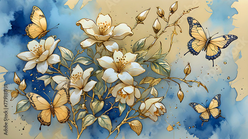 branch of blooming jasmine on blue and gold and colorful butterflies painted ...
