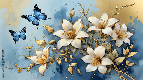 branch of blooming jasmine on blue and gold and colorful butterflies painted ...