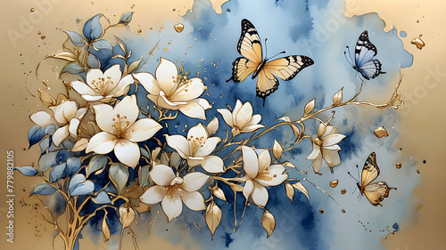 branch of blooming jasmine on blue and gold and colorful butterflies painted ...