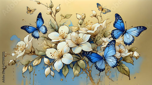 branch of blooming jasmine on blue and gold and colorful butterflies painted ...