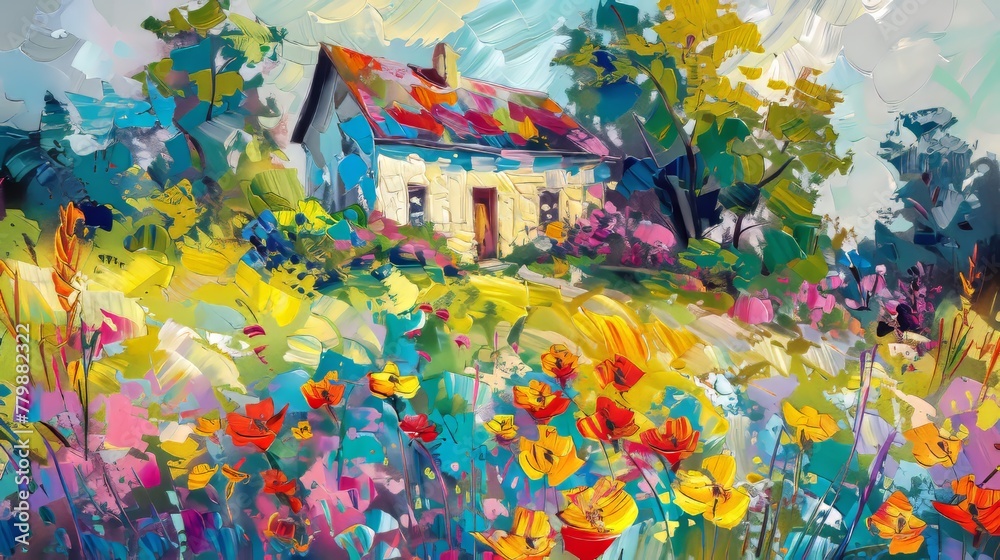 Impressionist landscape with a house in a flower garden, oil painting