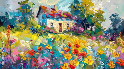 Impressionist landscape with a house in a flower garden, oil painting