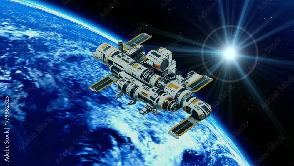 Estação espacional orbitando um planeta.