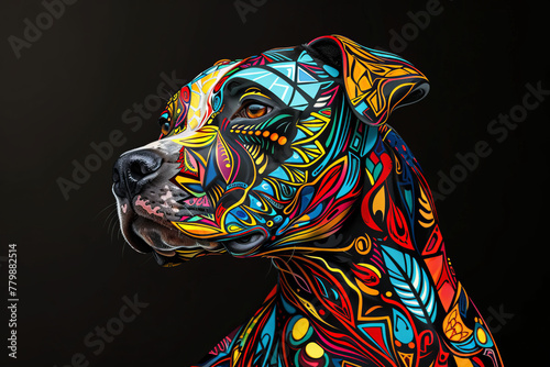 illustration oil painting, patten psychedelic a Pit Bull Terrier, black background