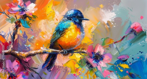 A colorful abstract painting with a bird and spring flowers. Contemporary brushstroke painting on canvas. An illustration oil painting with an animal and floral for the background.