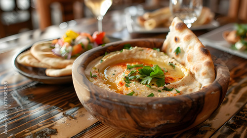 Wooden bowl of hummus served with warm pita bread - Ai Generated