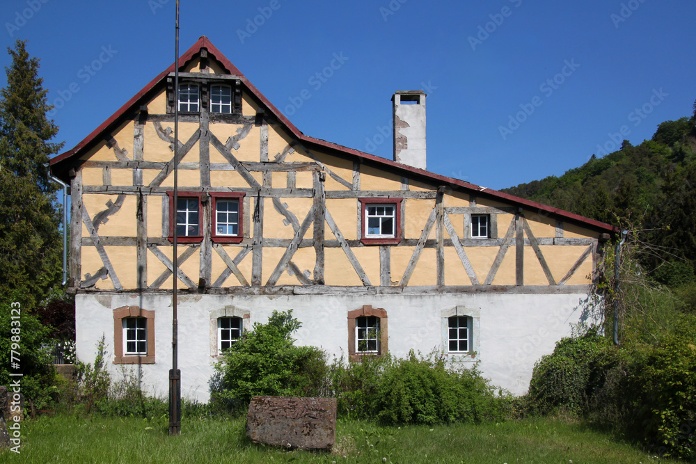 A half-timbered wooden residential house in the old town of Gerolstein, Eifel region in Germany
