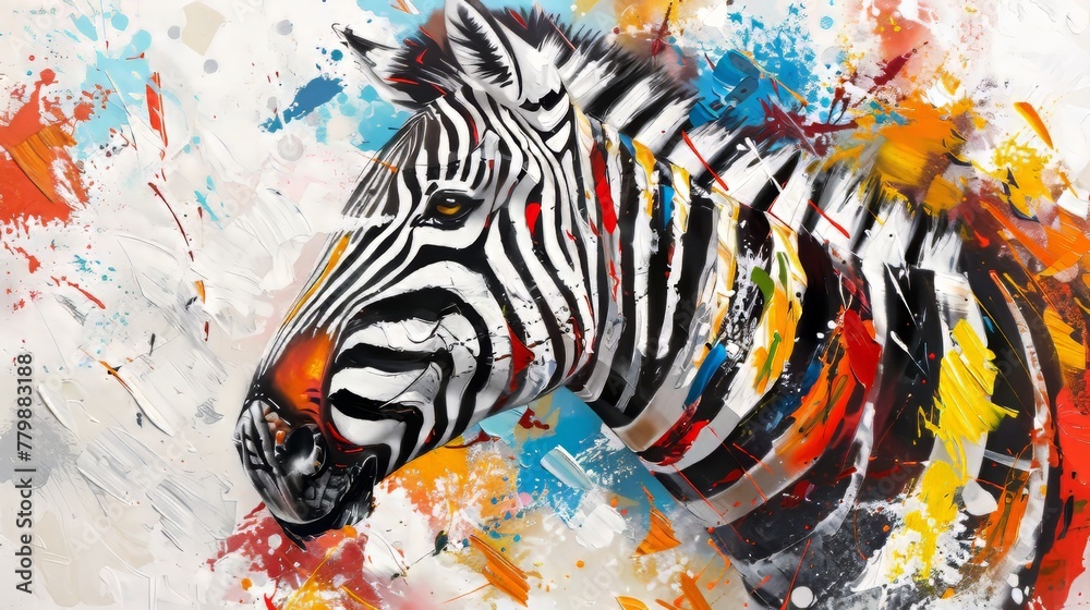 Fototapeta premium Painting of zebras with colors of modern and contemporary style. Abstract paintings with chaos of paint strokes.