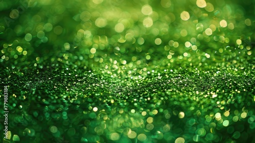 A sparkling green glitter background that evokes the shimmering leaves of a forest.