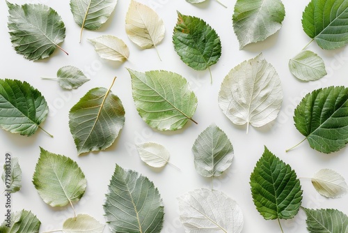 The delicate arrangement of leaves on a pristine spring white background