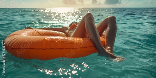 young woman sunbathing on an orange air mattress in swimsuit  photo