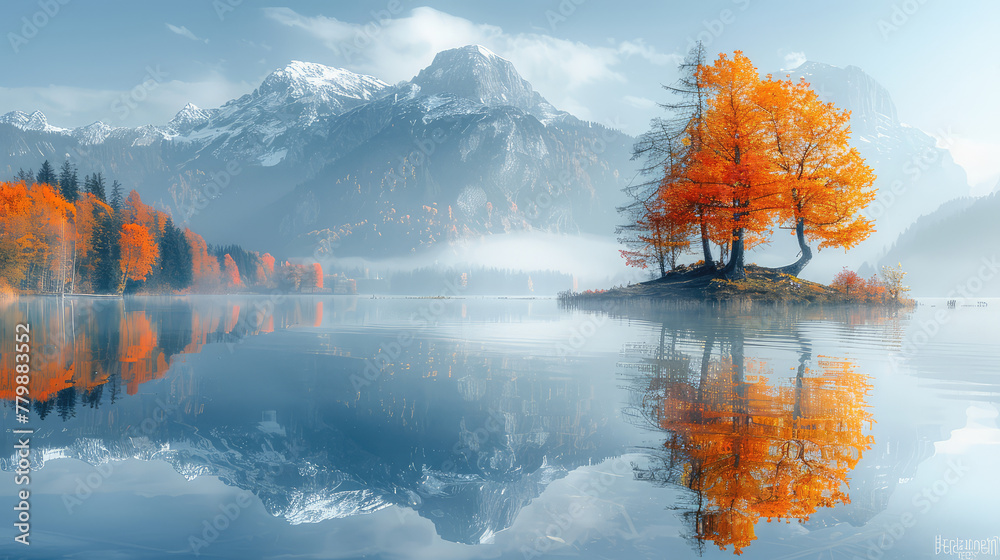A stunning autumn landscape featuring an isolated island with vibrant orange trees, surrounded by crystalclear water reflecting the majestic mountains in misty fog. Created with Ai