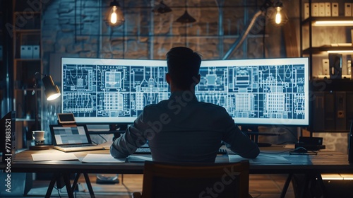 a man sitting at a desk looking at a computer screen photo