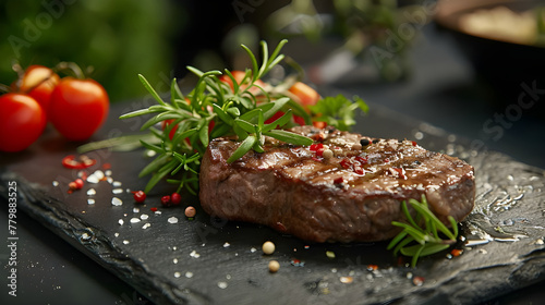 Tender steak adorned with herbs on slate - Ai Generated