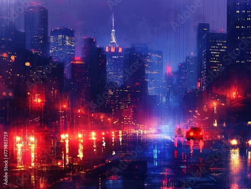 A cityscape with a red car driving down a wet street. Scene is one of excitement and energy  as the car is moving quickly through the city. The wet street adds a sense of movement