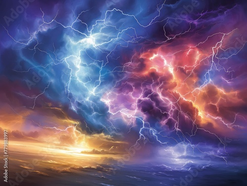 A painting of a stormy sky with a bright orange and blue sky. The sky is filled with lightning bolts and the colors are vibrant. The mood of the painting is intense and dramatic