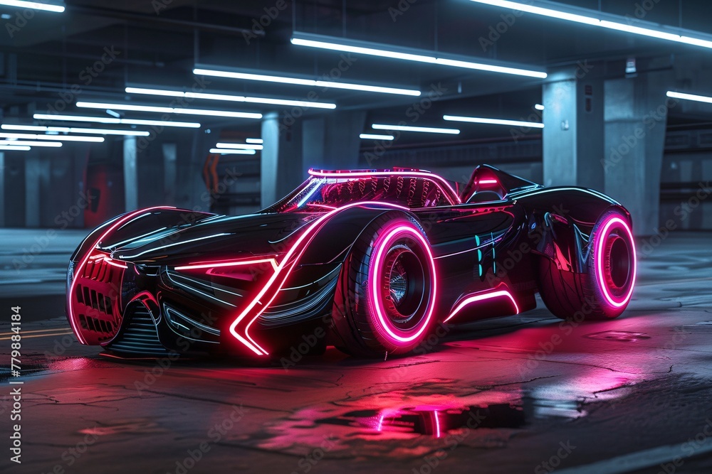 A modern car with neon lights parked in an underground garage, adding a futuristic and colorful touch to the urban setting