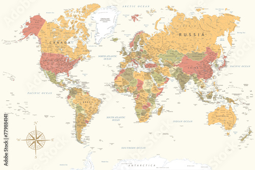 World Map - Highly Detailed Vector Map of the World. Ideally for the Print Posters. Warm Vintage Colors. Retro Style