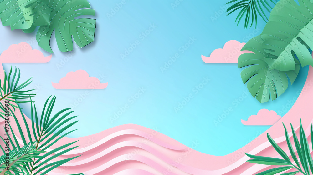 Tropical summer scene background with beach vacation holiday theme with pink waves layer, blue sky and copy space.