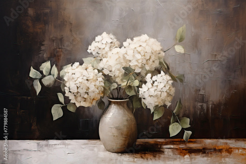 Dark vintage oil painting, white hydrangea flower in a vase on the table, still life.