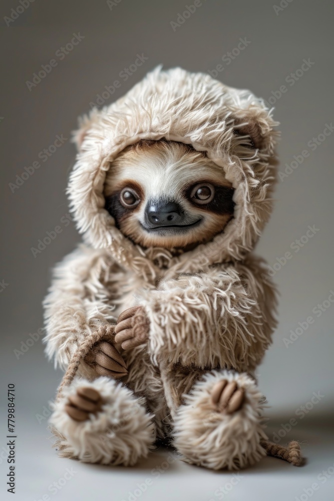 Naklejka premium A cozy plush sloth peeks out from a furry hood