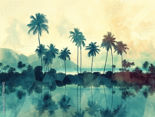 A tropical scene with palm trees and a body of water