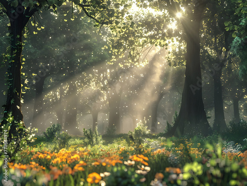 Sunbeams illuminate tranquil grove - Ai Generated