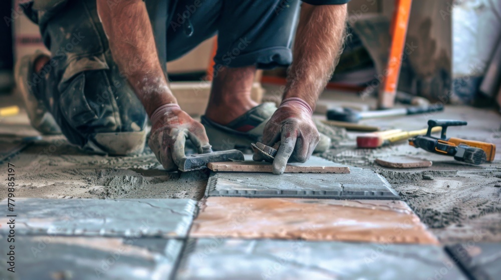 Close view of a tiler's hands as they apply adhesive to the back of a tile Close view of a tiler's hands as they apply adhesive to the back of a tile