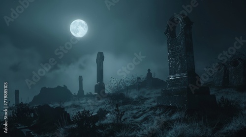 Graveyard under the veil of night, where tombstones stand sentinel amidst swirling fog photo