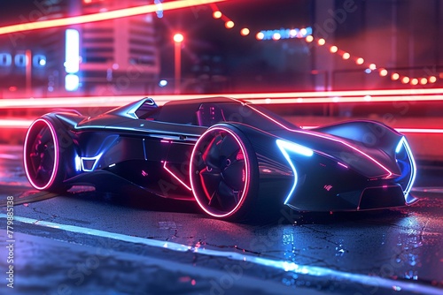 A modern, sleek car with advanced technology drives down a city street illuminated by neon lights at nighttime