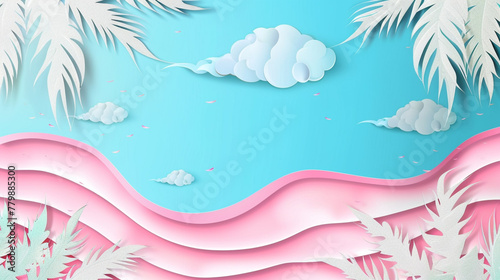 Tropical summer scene background with beach vacation holiday theme with pink waves layer, blue sky and copy space.