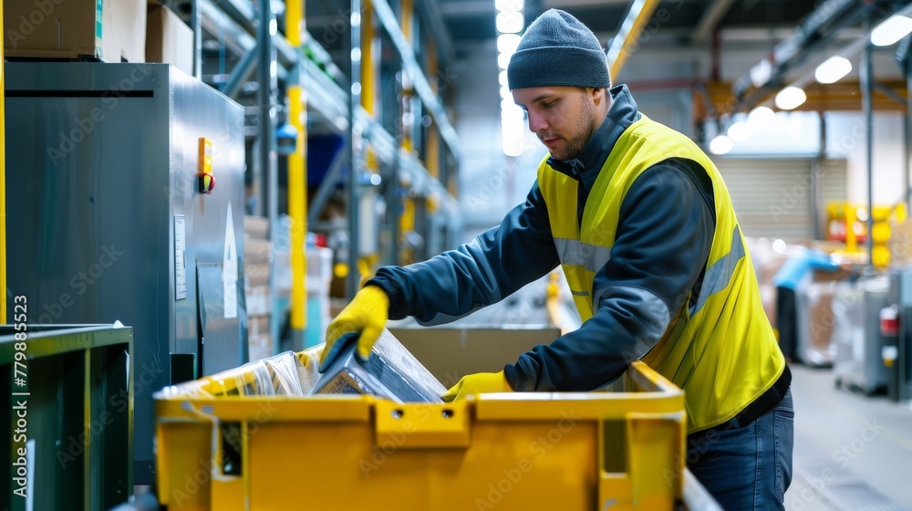 A worker loading items into the bin. The worker is making sure that the items are placed correctly and that they are not damaged. A worker loading items into the bin. The worker is making sure that the items are placed correctly and that they are not damaged.